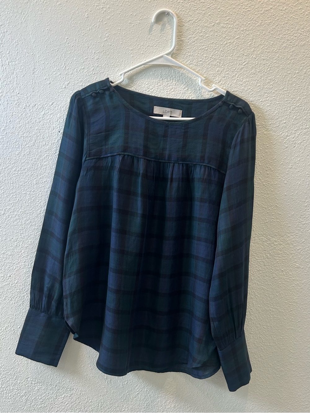 LOFT Navy and Green Plaid Button-Shoulder Long Sleeve Blouse
